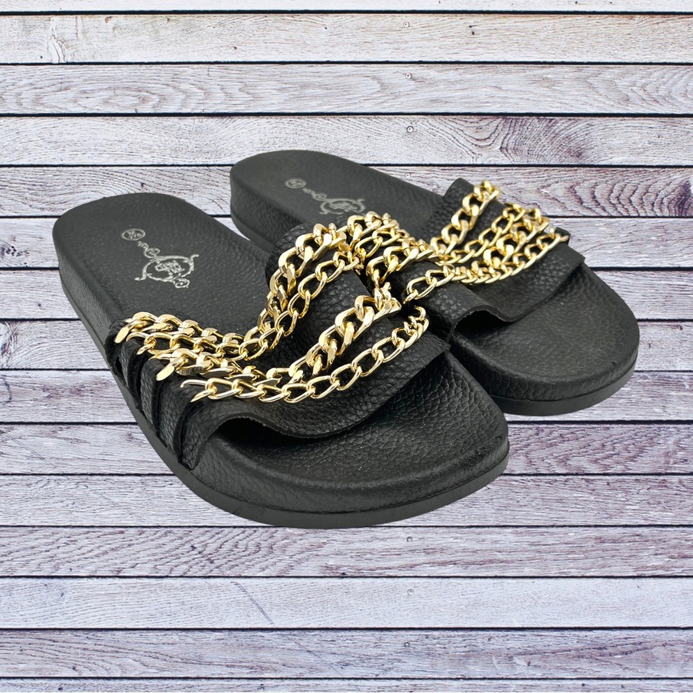 NEW W/O tag Women Black and Gold Chain Link Open Toe Slip On Flat Sandal Slides